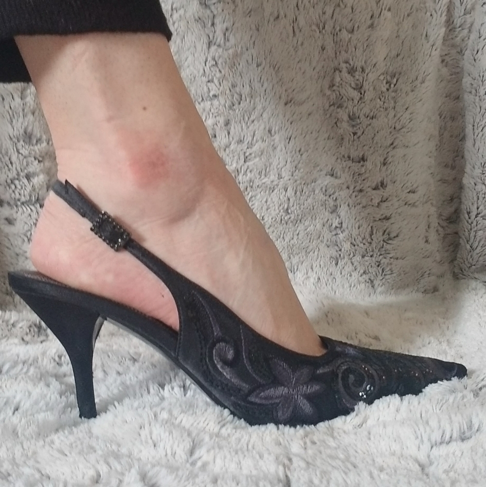 Black Enbroidered Slingbacks